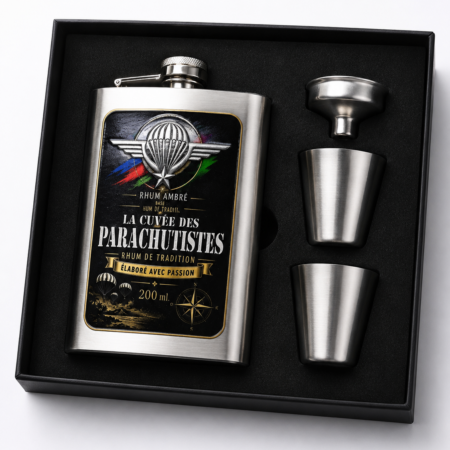 Coffret Flasque Parachutiste – Flasque 200 ml + 2 Gobelets + Bec de remplissage